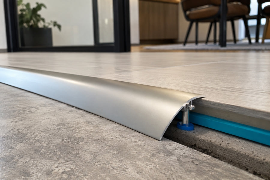 Aluminium door threshold strip in silver, gold and champagne finishes side by side