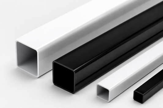Black and white plastic box section square tubes in 25mm and 50mm sizes