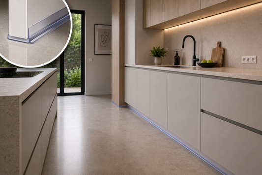 Clear PVC plinth sealing strip fitted to the bottom of a white kitchen kickboard