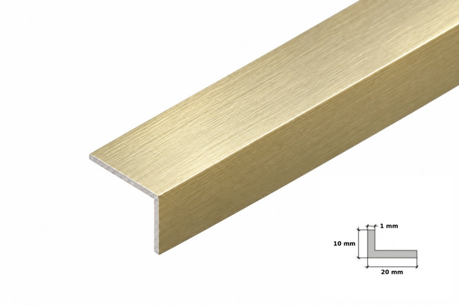 brushed gold angle trim on shelf edge with light wood