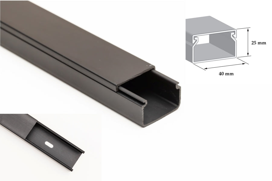 Black mini cable trunking – screw fix type 1m

