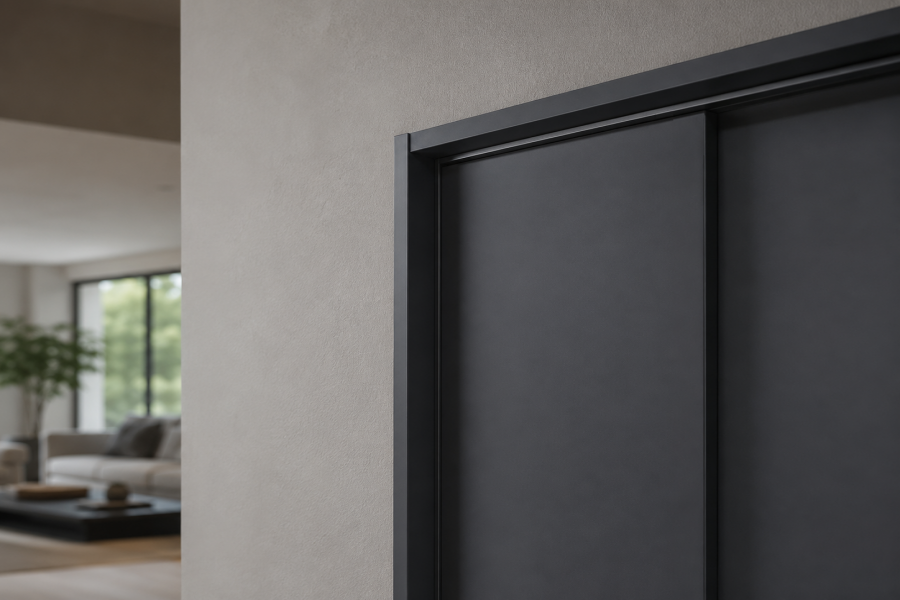 Anthracite corner trim matching anthracite grey window frames
