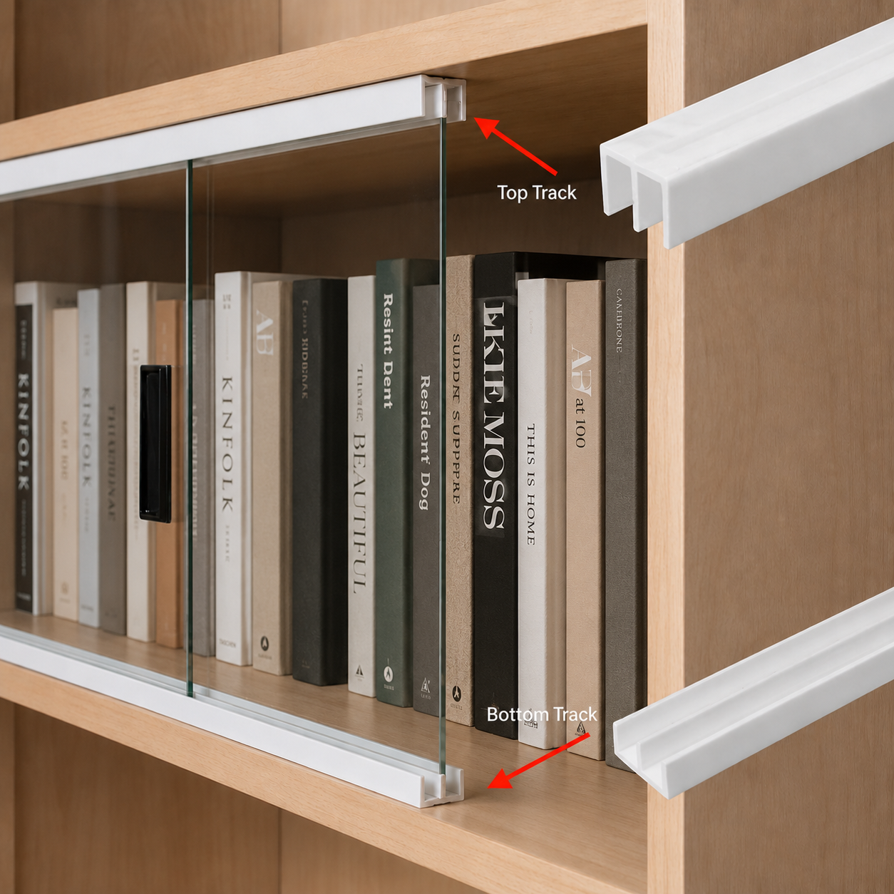 Sliding glass doors running in glass tracks on a display cabinet