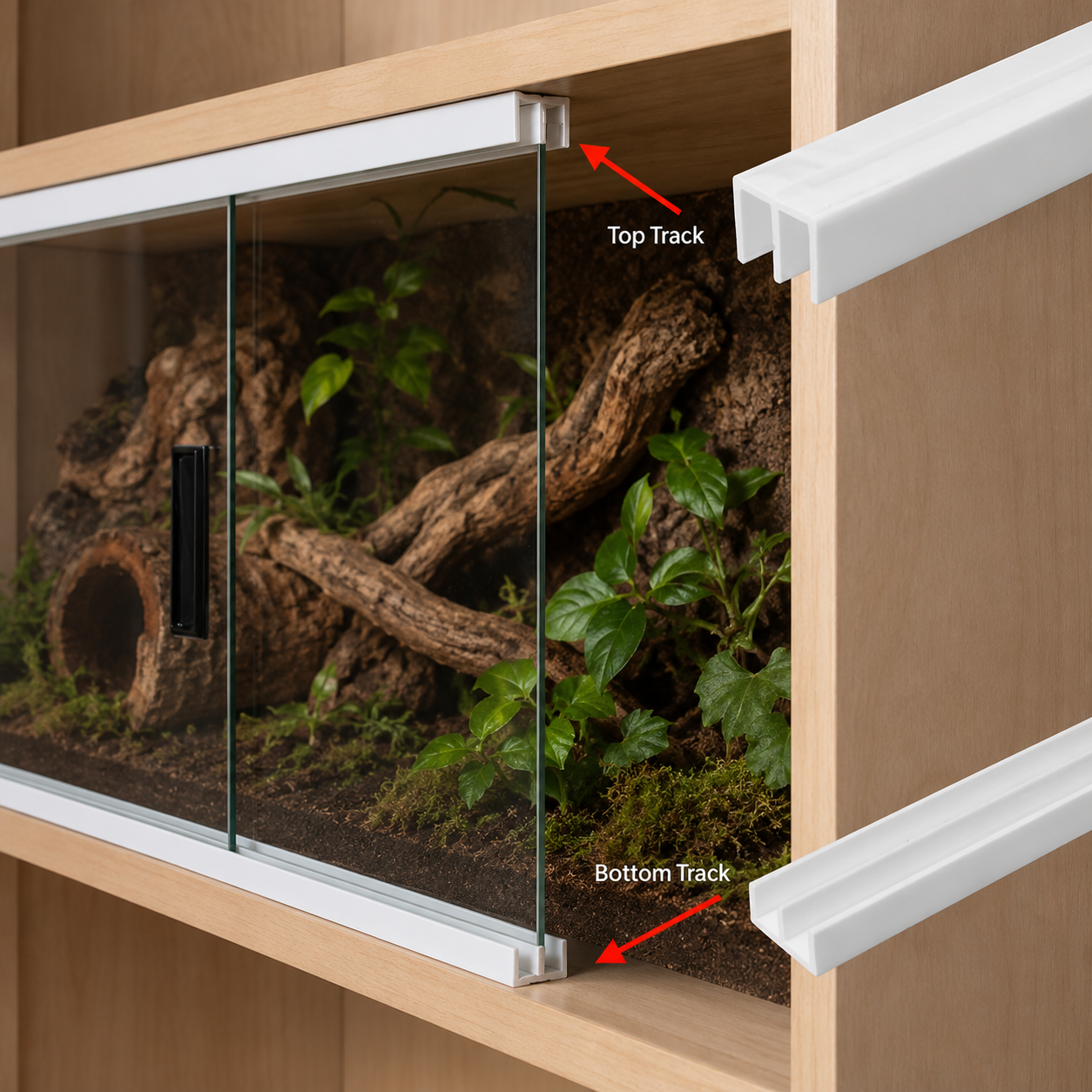 Top and bottom glass sliding track profiles fitted to a cabinet with sliding glass doors