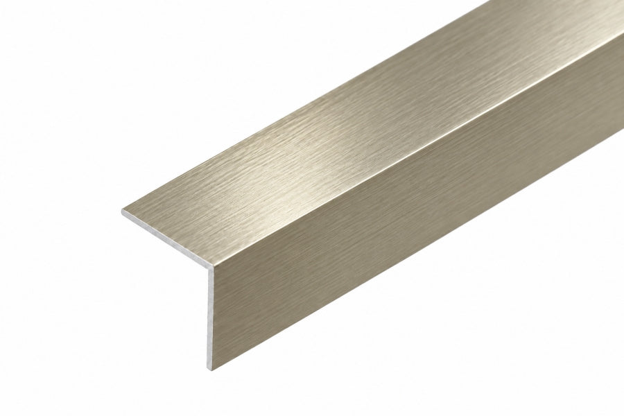 grey aluminium angle trim on shelf edge with light wood