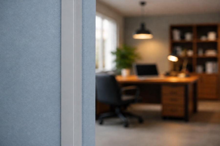Light grey PVC corner trim framing dark grey sliding doors in a contemporary minimalist living room.