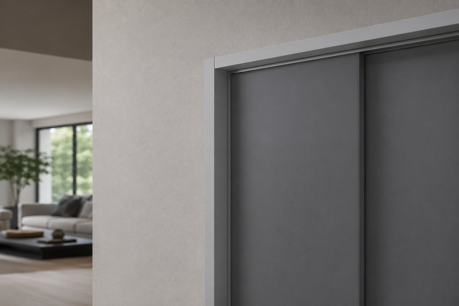 Selection of light grey PVC corner trims in different sizes displayed on a marble surface in a modern interior.