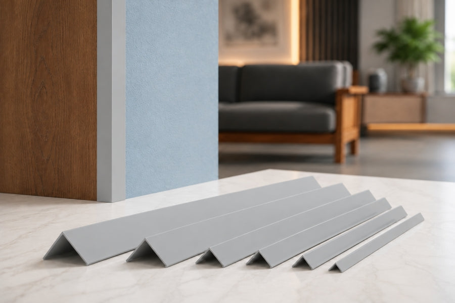 Light grey PVC corner trim fitted vertically to a textured interior wall in a modern home office